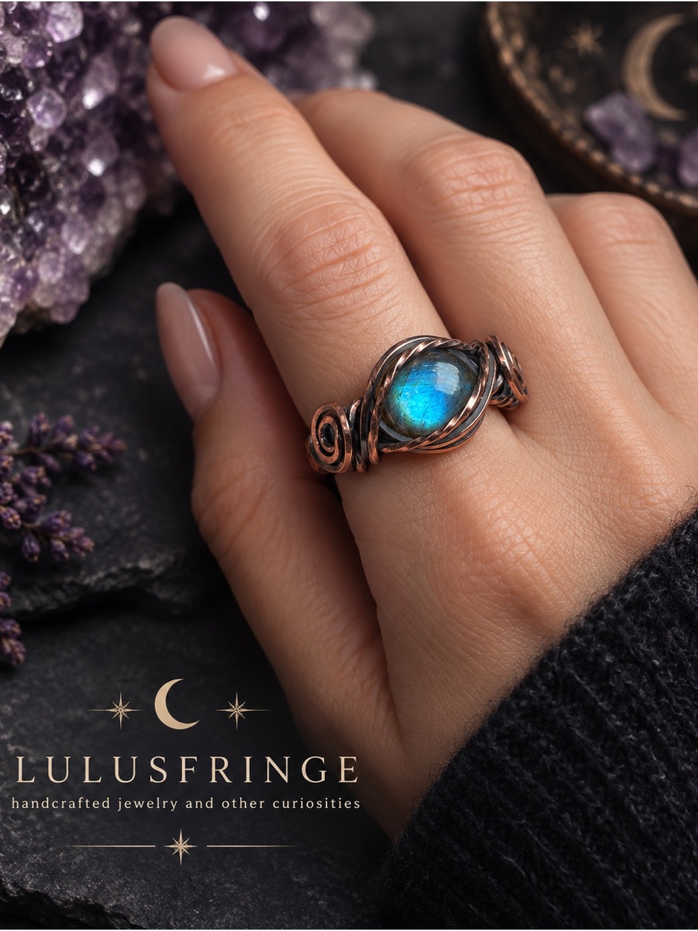 Artisan Copper Wire Ring with Blue Flash Labradorite